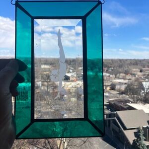 Teal Stained Glass Panel with gymnastic design